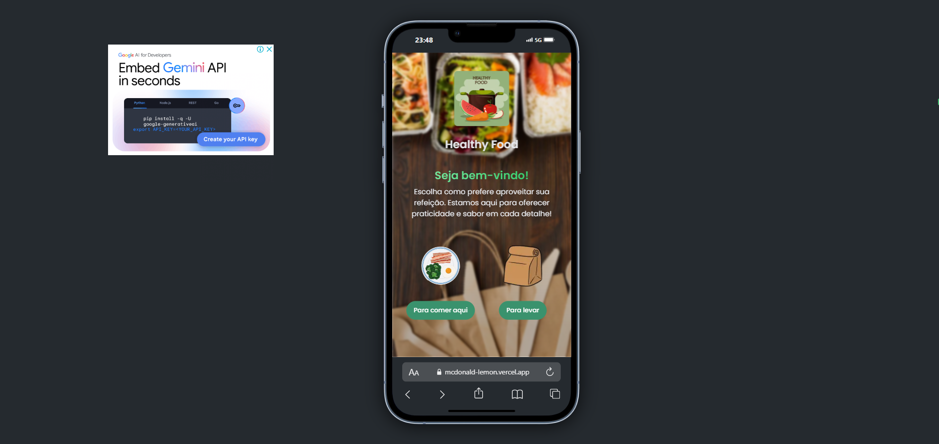 Imagem da sessão Home Screen - Choose to eat in or take out