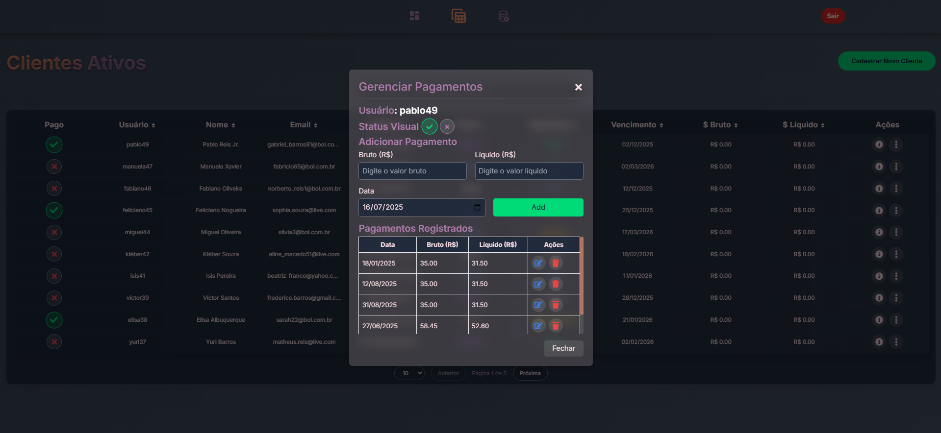 Imagem da sessão Manage Payment