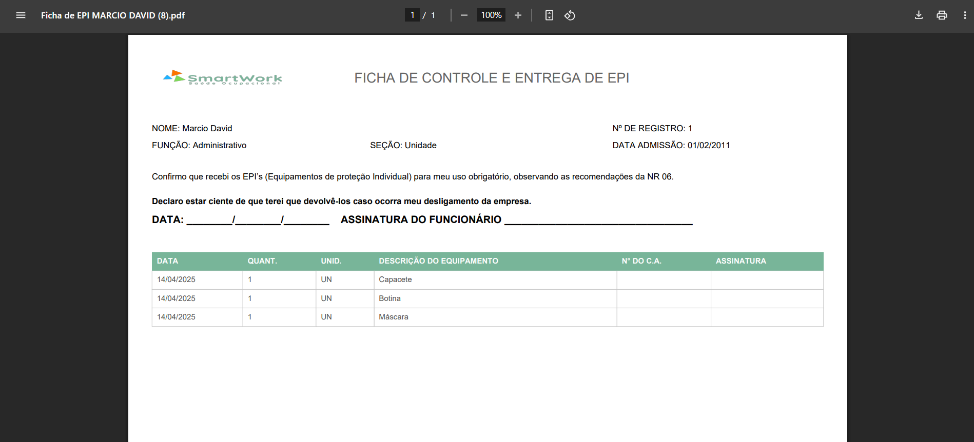 Ficha de entrega de EPI's