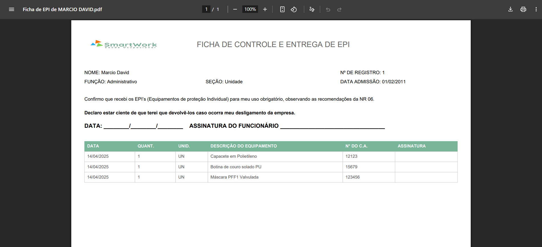 Ficha de entrega de EPI's
