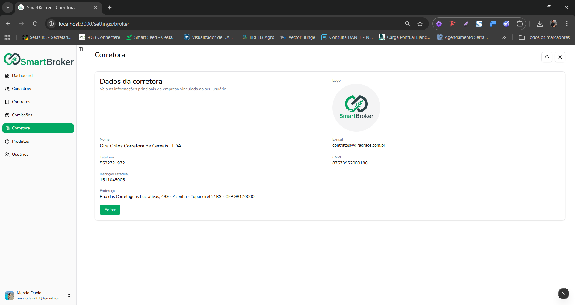 Aba para edição da corretora