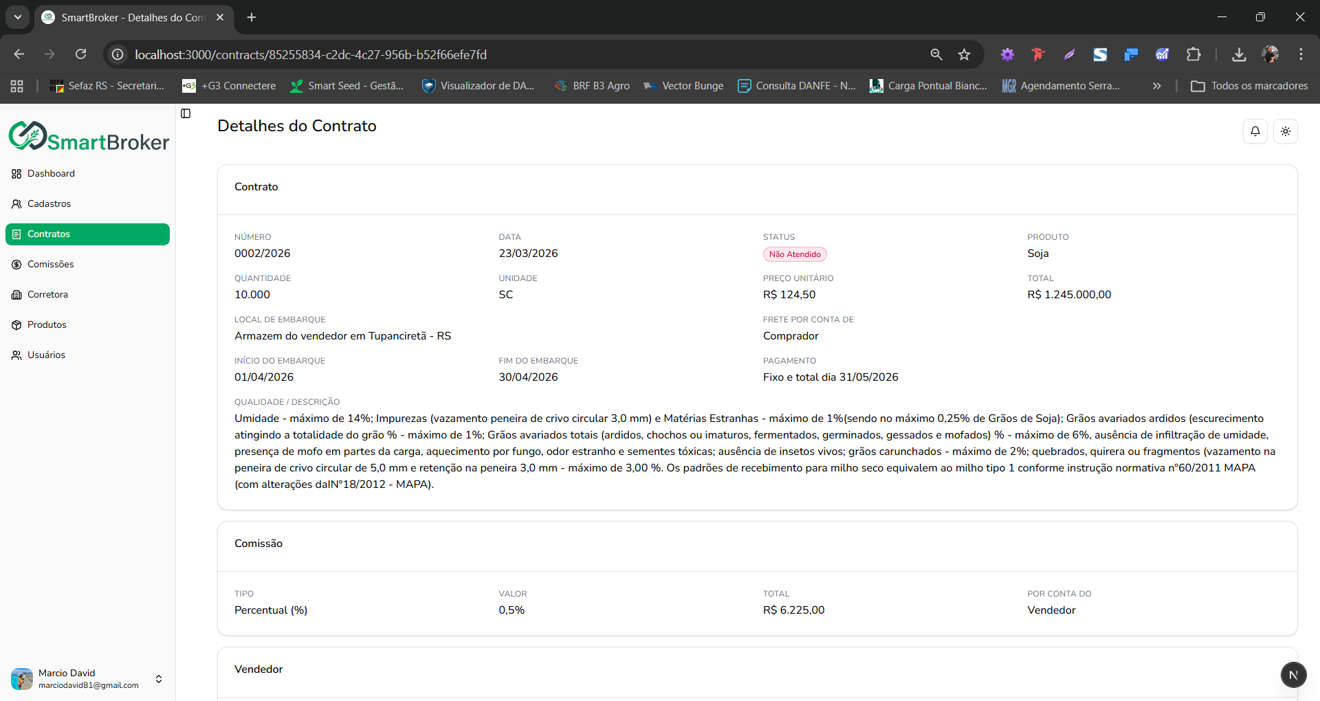 Aba de detalhes do contrato