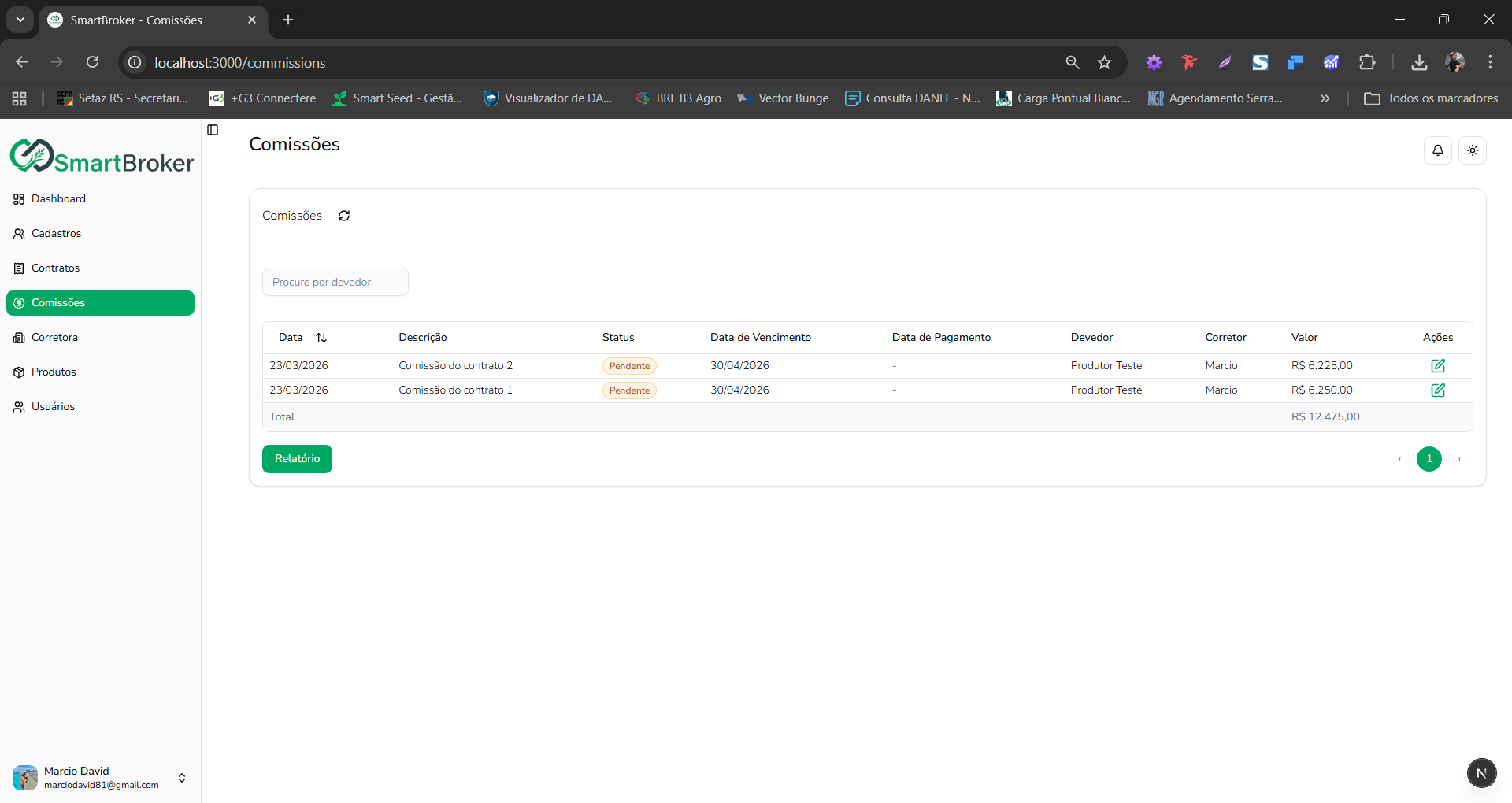 Tabela de comissões com status de recebimento