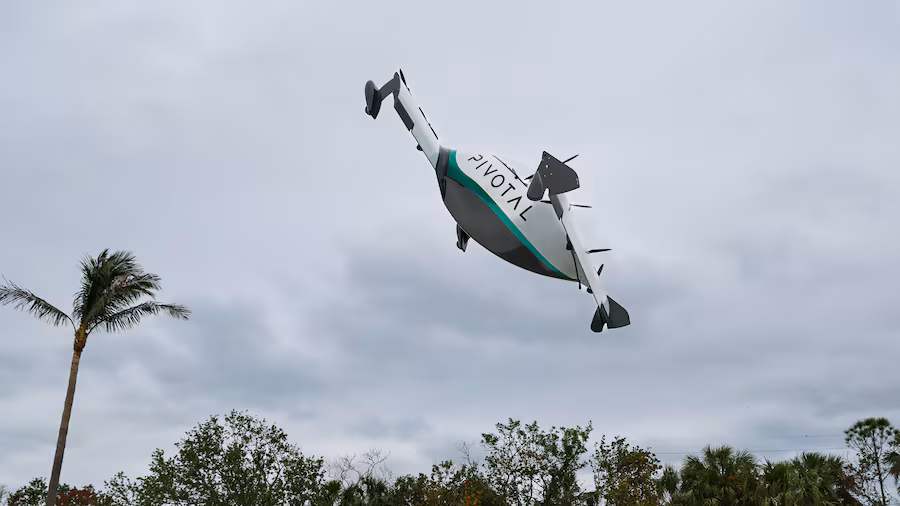 Pivotal aircraft taking off by palm trees in Tampa, Florida.