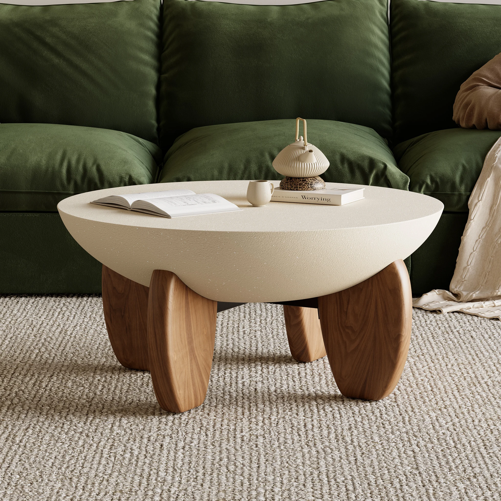 Curva Round Concrete Walnut Coffee Table with Wood Legs