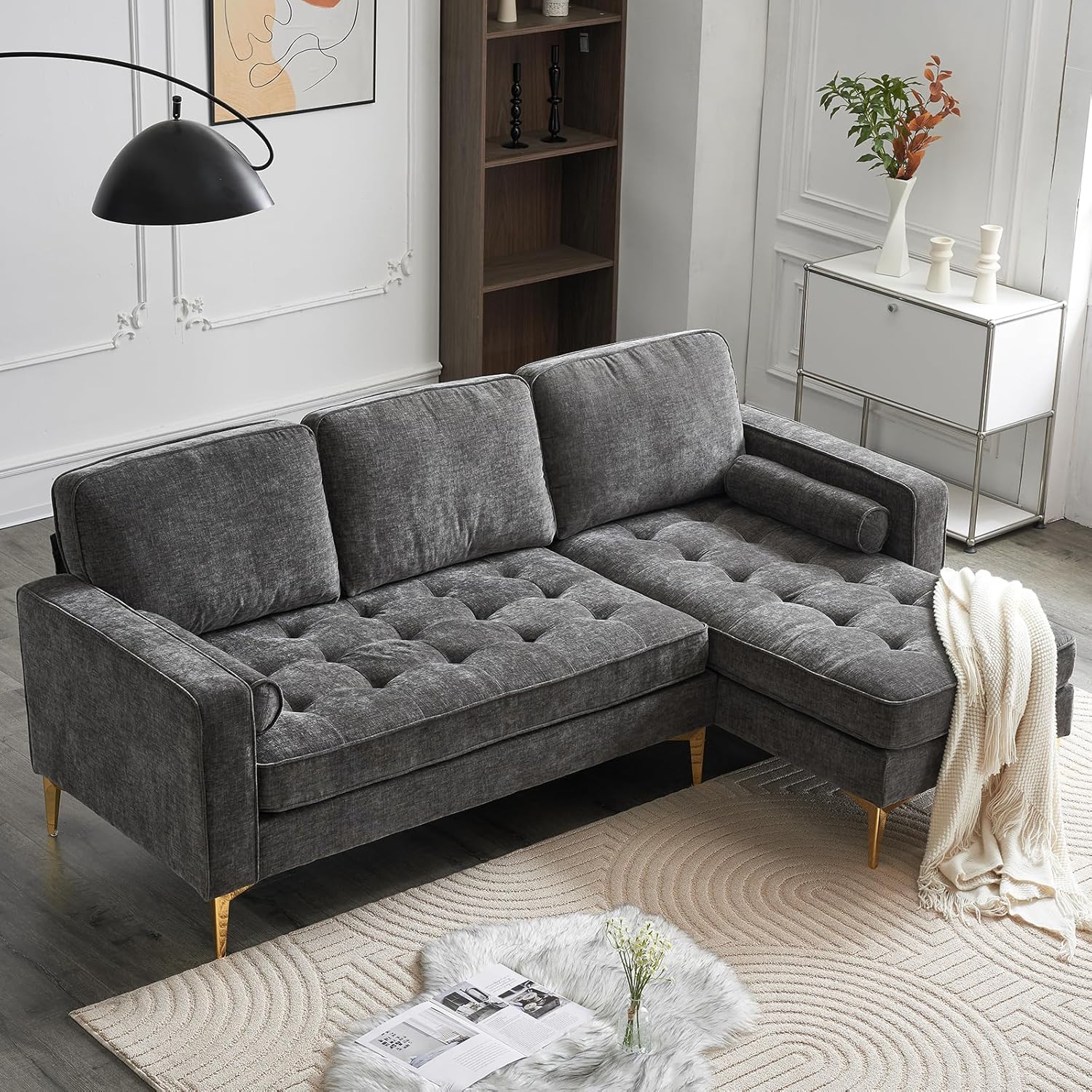 Karl home L-Shape Sectional Sofa Chenille Fabric Sofa Couch Living Room Futon Couch with Reversible Chaise, Lattice Decored Seat Cushion, Dark Gray