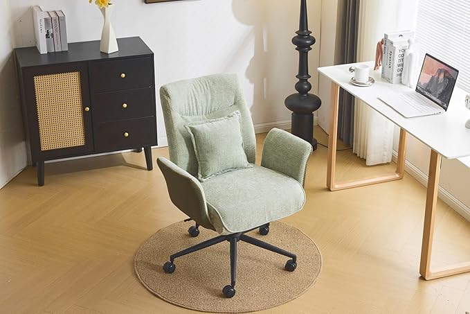 VINGLI Green Swivel Office Chair with Back & Lumbar Pillow,Padded Arms,with Wheels,Comfy Modern Desk,Sewing,Dining,Vanity,Computer Task Chair for Home,Makeup,Nail Tech,Bedroom,Living Room,Chenille