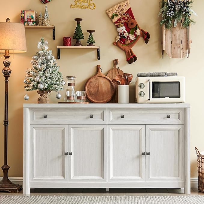 Farmhouse 59" Large Buffet Cabinet with Storage, White Sideboard Cabinets with 4 Doors and 2 Drawers, 32.1" Tall Wood Credenza Coffee Bar Console Kitchen Cabinet for Living Dining Room