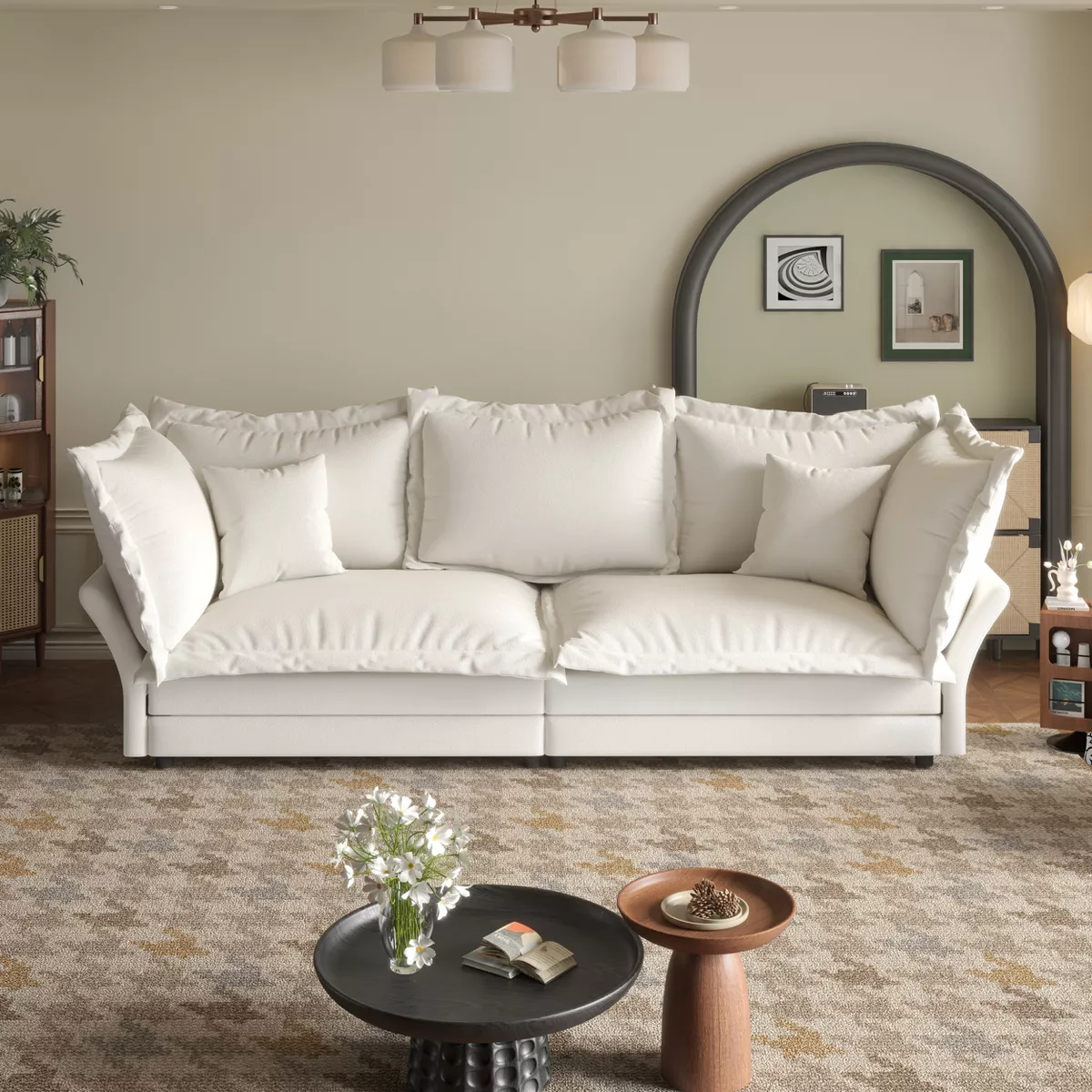 90.55" Modern Upholstered Cloud Sofa, Couch with Deep Seat and Multiple Large Soft Pillows, Convertible Chaise Lounge Sofa for Bedroom, Beige