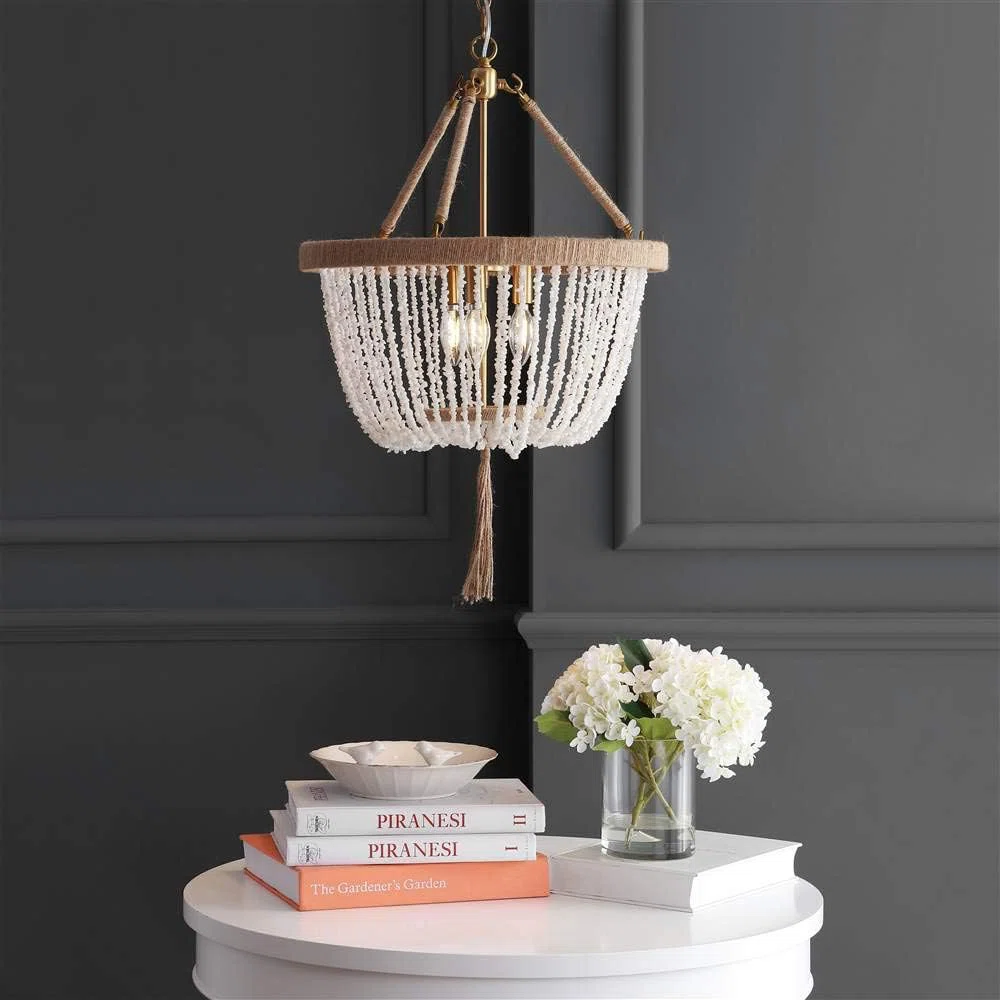 Bohemian Adjustable Rope Tassel Pendant Light With LED Bulbs, Stone Beads, Brass Gold/White Finish