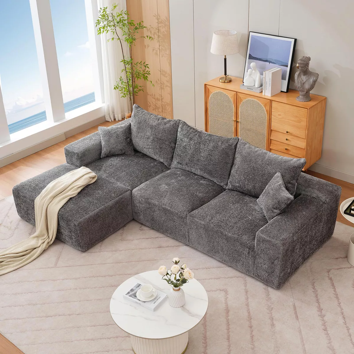 110'Modular Sectional Couches for Living Room, Boneless Sofa with Deep Seat, L Shaped Cloud Couch with Chaise,Plush Linen Fabric, No Assembly Required