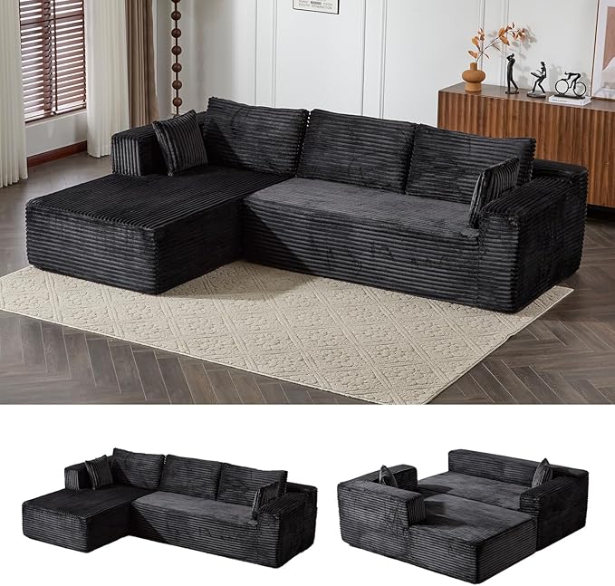 110" Modular Sectional Sofa with L-Shape Chaise, Boneless Cloud Couch with Deep Seat, Sponge Compression Sofas No Assembly Required, Upholstered Couches for Living Room Bedroom, Corduroy (Black)