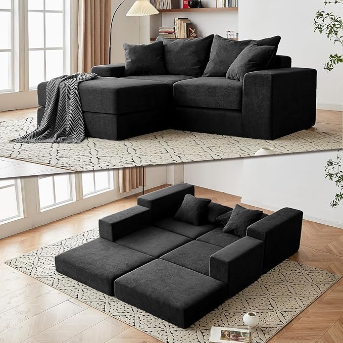 Modular Sectional Loveseat Sofa - Cloud Boneless Couch with Non Slip Base, Modern Sleeper Sofa for Customizable Living Spaces, Cozy Modular Couch for Indoor Room, No Assembly Required, Black