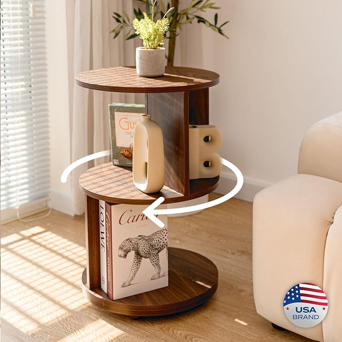 KAYMILY Living Room Side Table, Office Round Rotating End Table, Bedroom Mid Century Modern Nightstands, Contemporary Accent Tables - Easy Assembly - MDF Wood - Revolving - Walnut