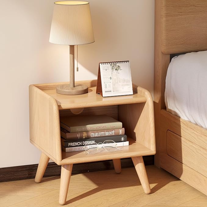 Solid Wood Nightstand, Mid Century Modern Side Table with Open Storage Shelf, Wood End Bedside Table for Living Room, Small Night Stands for Bedroom, Dormitory(Natural, 15.75" H)
