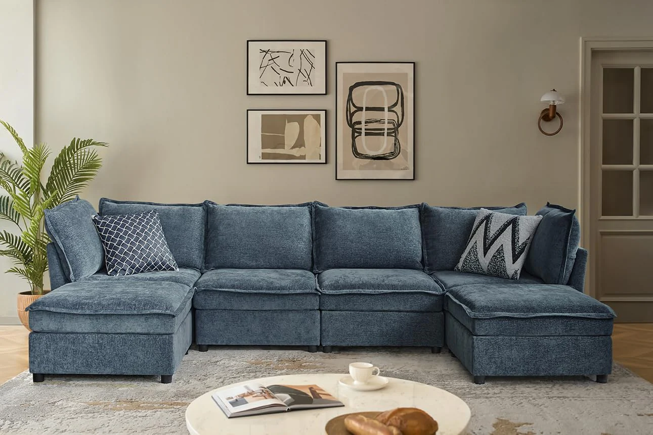 HULALA HOME 127'' Modular Sectional Sofa, Oversized U Shaped Couch with Storage Ottoman, Comfy Chenille Sofa with Deep Seat, 6 Seat Convertible Couches for Living Room, Blue