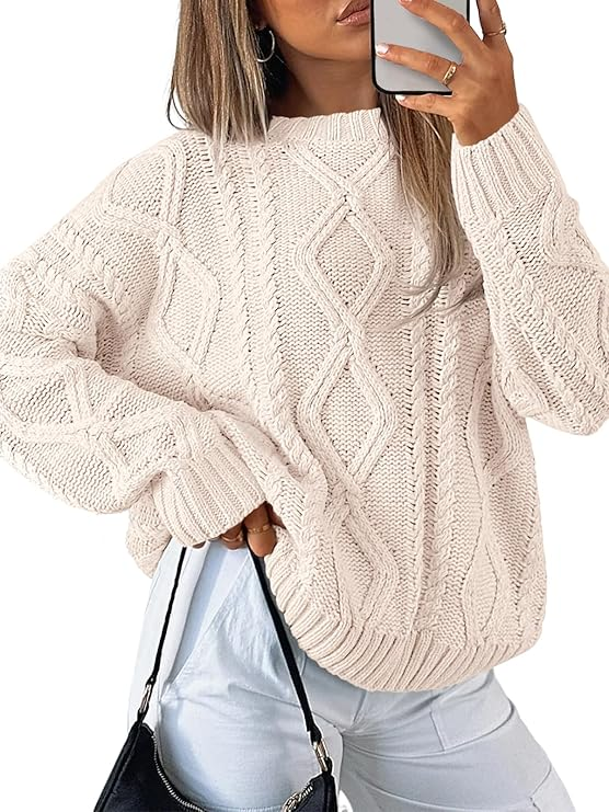 Trendy Queen Women's Oversized Cable Knit Crewneck Sweater