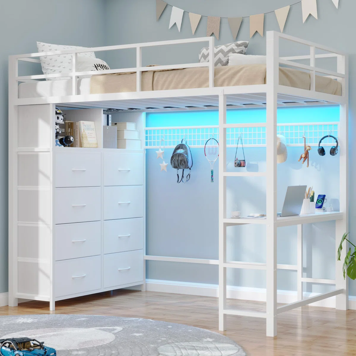 Loft Bed With Desk And 8 Storage Drawers, Metal Loft Bed With Led Lights & Charging Sation, Storage Shelves, 13.1" H Safety Guard & Ladder, No Box Spring Needed