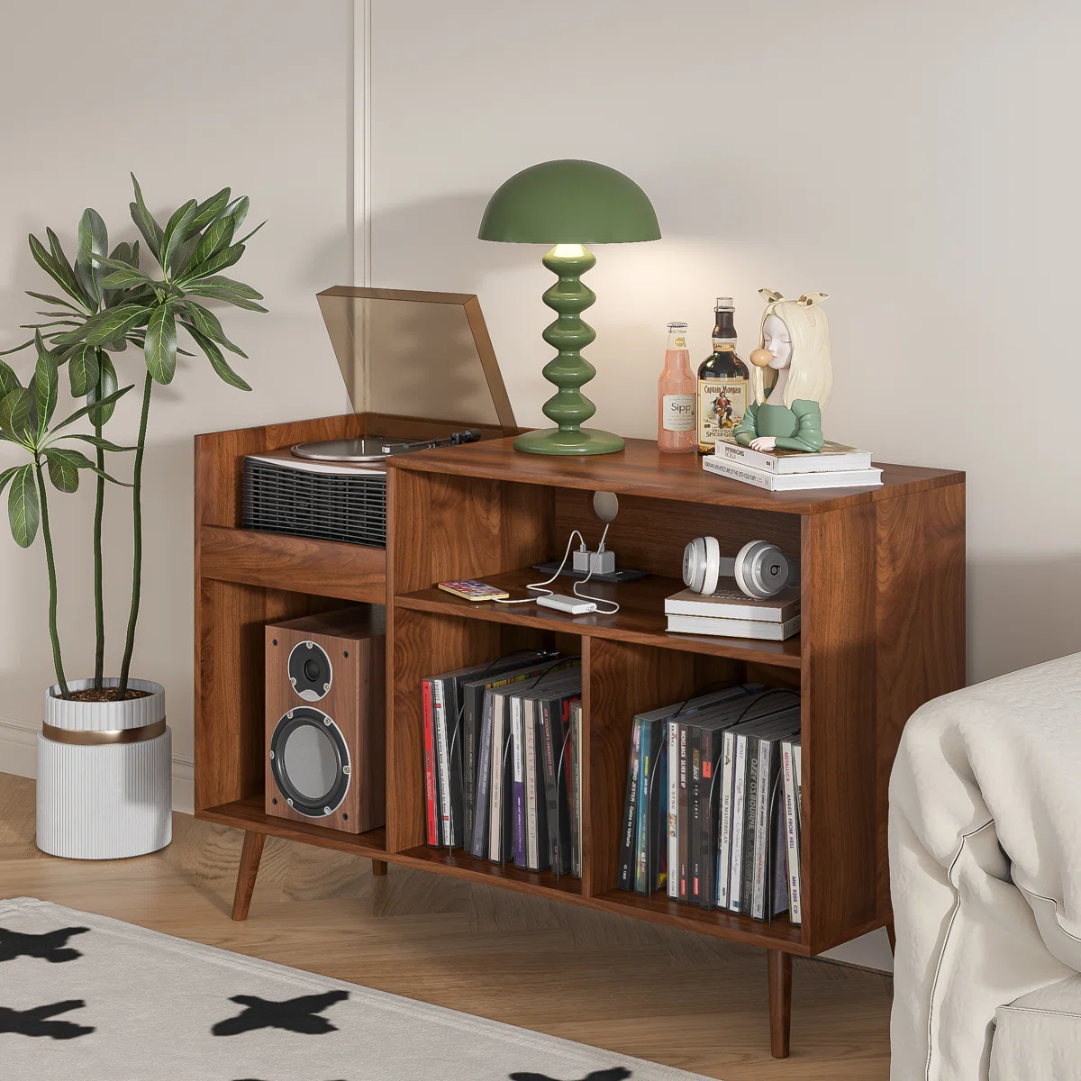 Audio Rack, Record Player Stand With Charging Station & Usb Ports