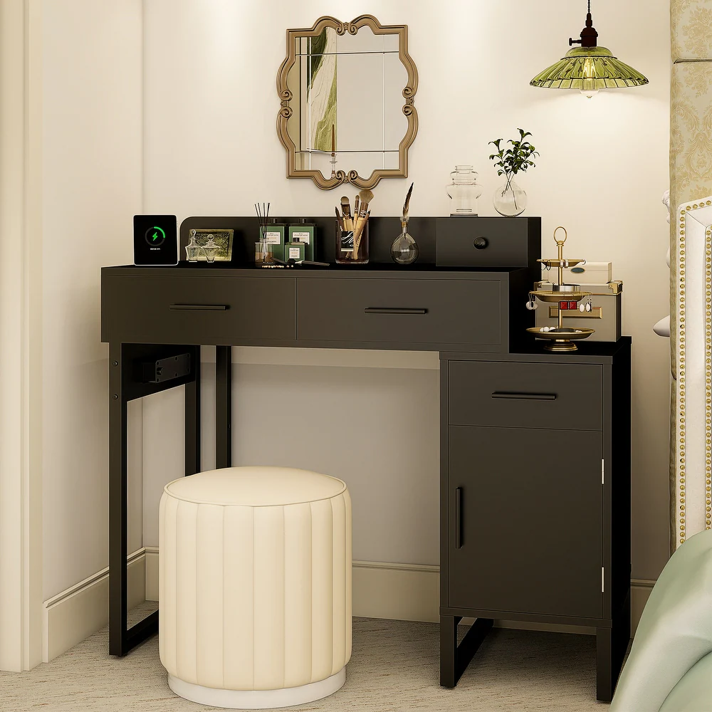 Reversible Makeup Vanity Desk With Charging Station and 4 Wooden Drawers and 1 Cabinet - Black