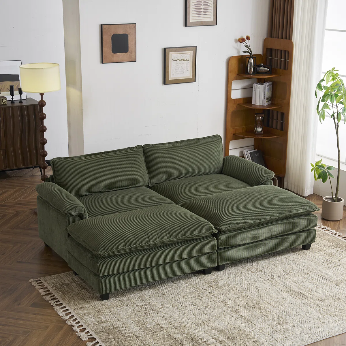 90'' W Corduroy Modular Cloud Couch Comfy Sofa with Two Ottoman