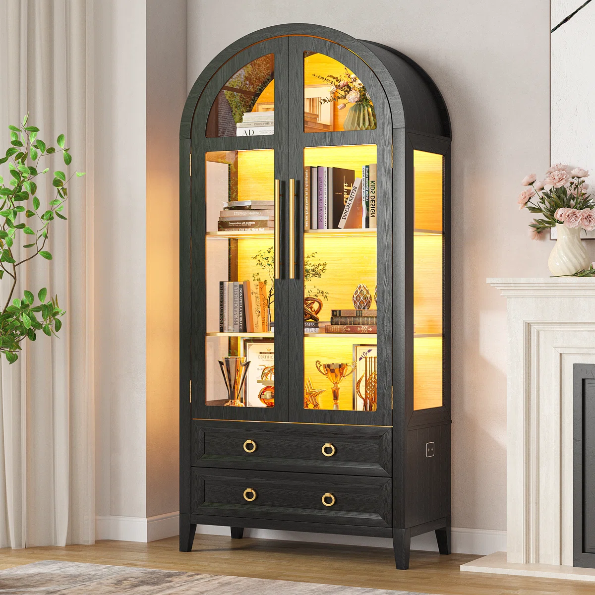 Freestanding Arch Display Cabinet with 3-Color Light Modes and Motion Sensor