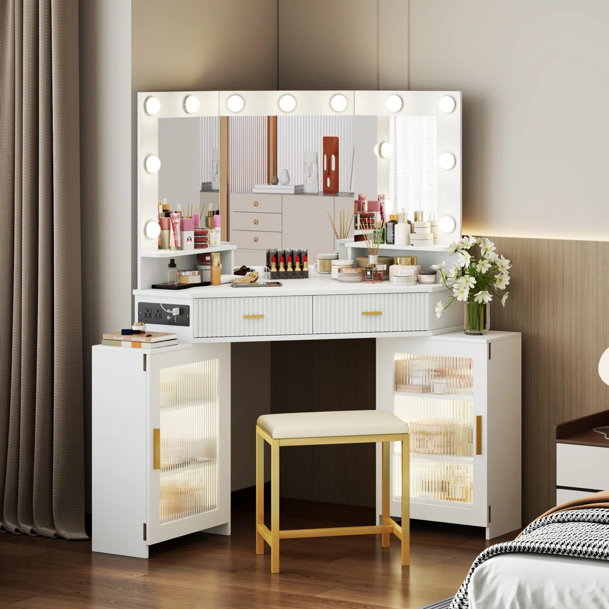 Modern Corner Makeup Vanity Set with Mirror and Cabinets