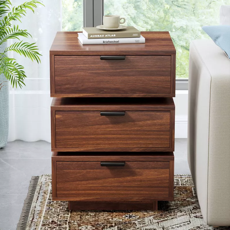 WOWLIVE 3 Drawer Nightstand with Rotating Drawers, Modern Wood Bedside Table for Bedroom Living Room, Small Dresser