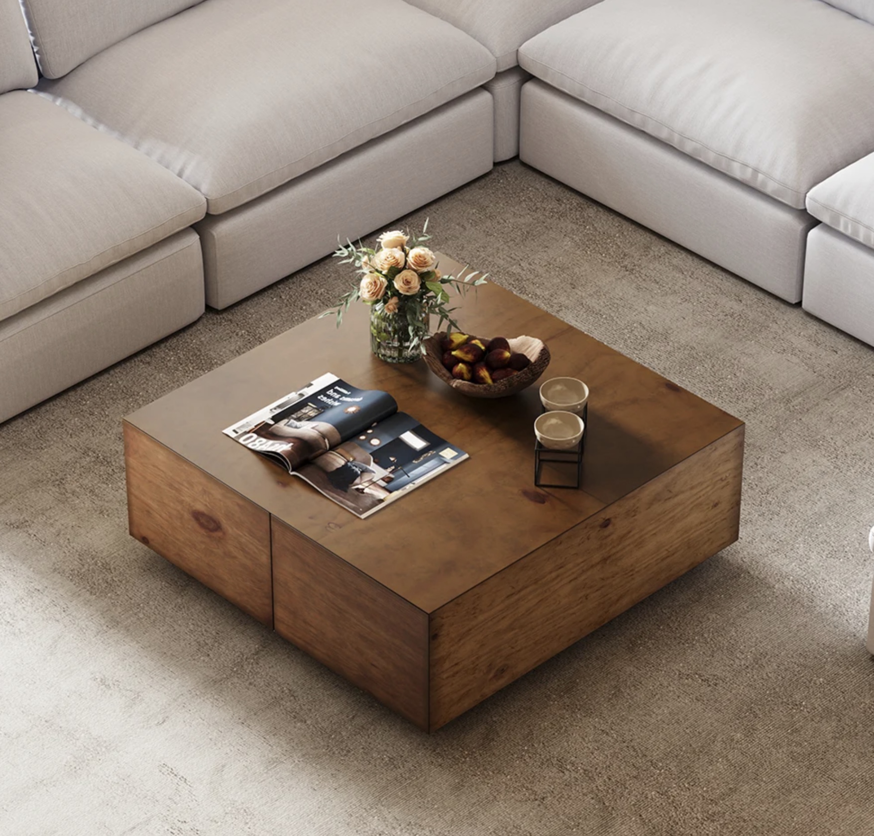 35" Distressed Pine Wood Square Coffee Table with 4 Drawers