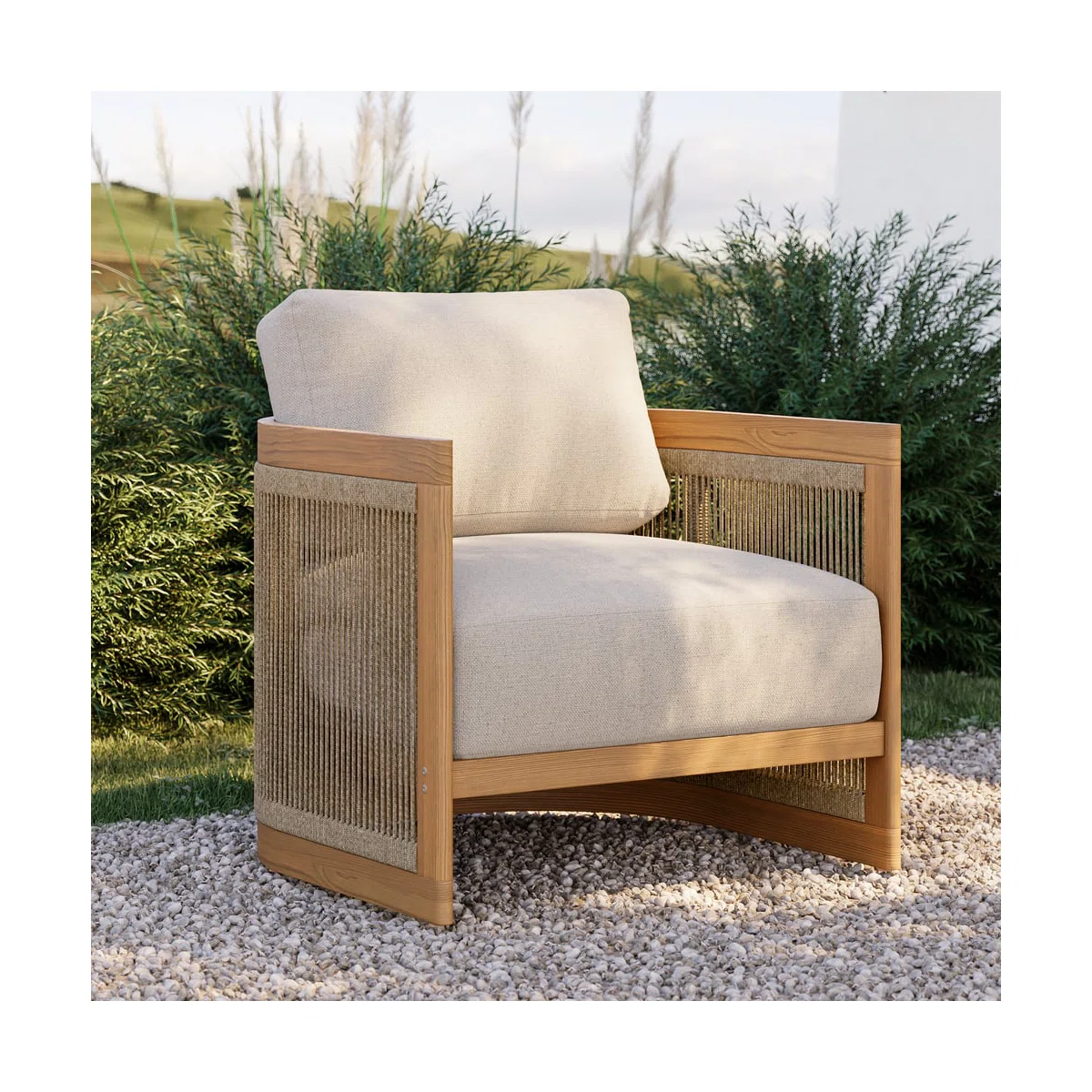 Outdoor Chair Lounge Chairs Teak Rope Woven Patio Chairs with Cushions
