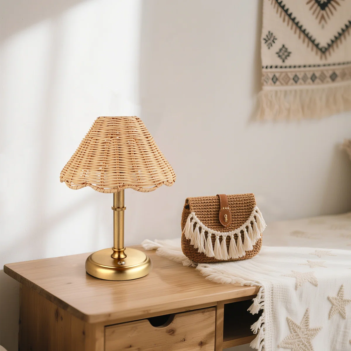 Mini Cordless Boho Rattan Table lamp, 5200-mAh Rechargeable Battery, 3-Level Brightness Dimmable, Build-in Integrated LED 320 Lumen Max, Rattan Shade, for Bedside Restaurant Dining Table