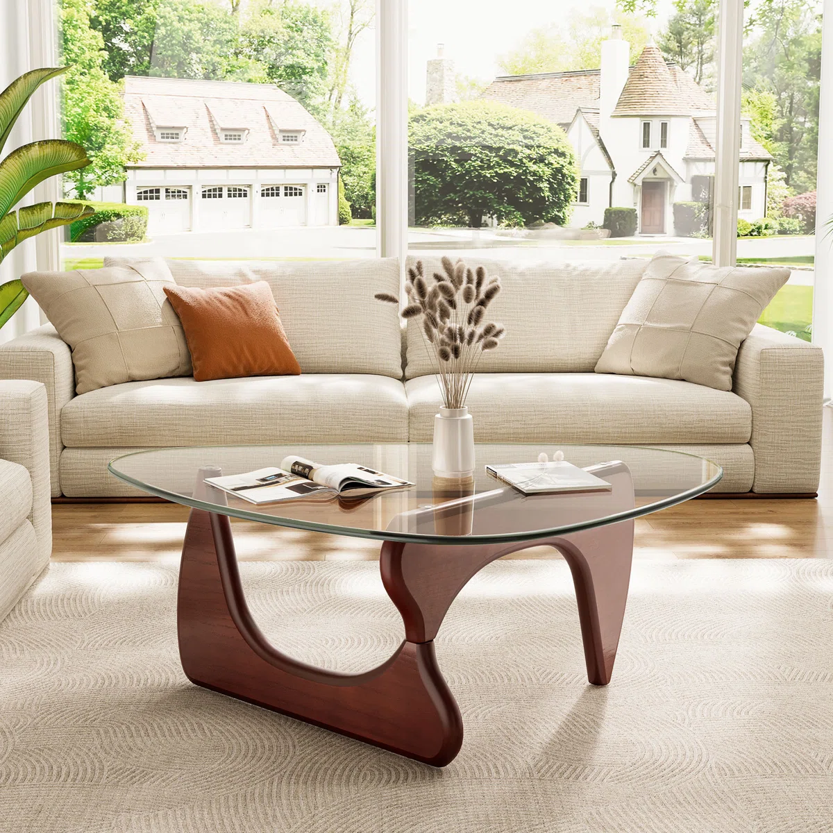 Modern Triangle Glass Coffee Table With Tempered Glass Top And Solid Wood Base