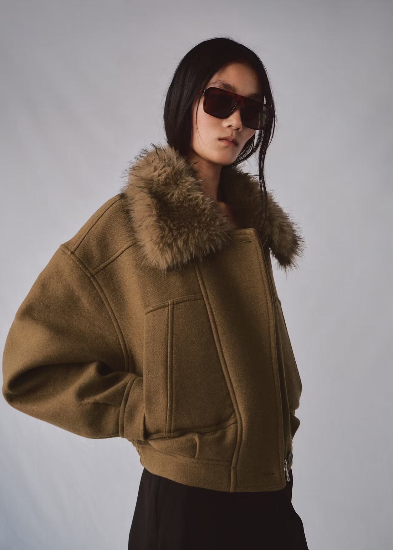 Wool blend jacket with fur collar