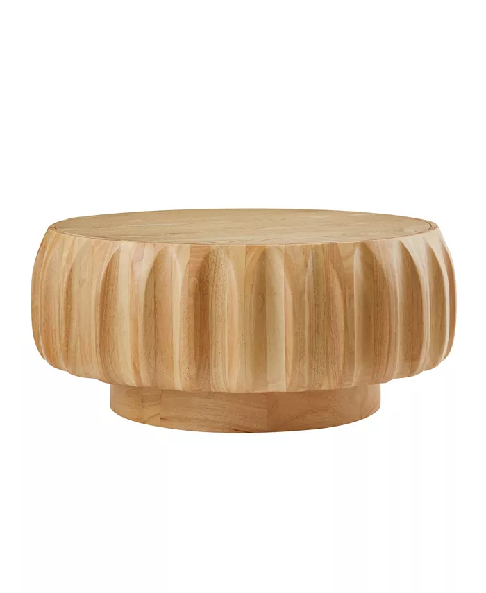 Round Solid Wood Carved Coffee Table with Elegant Sculptural Design