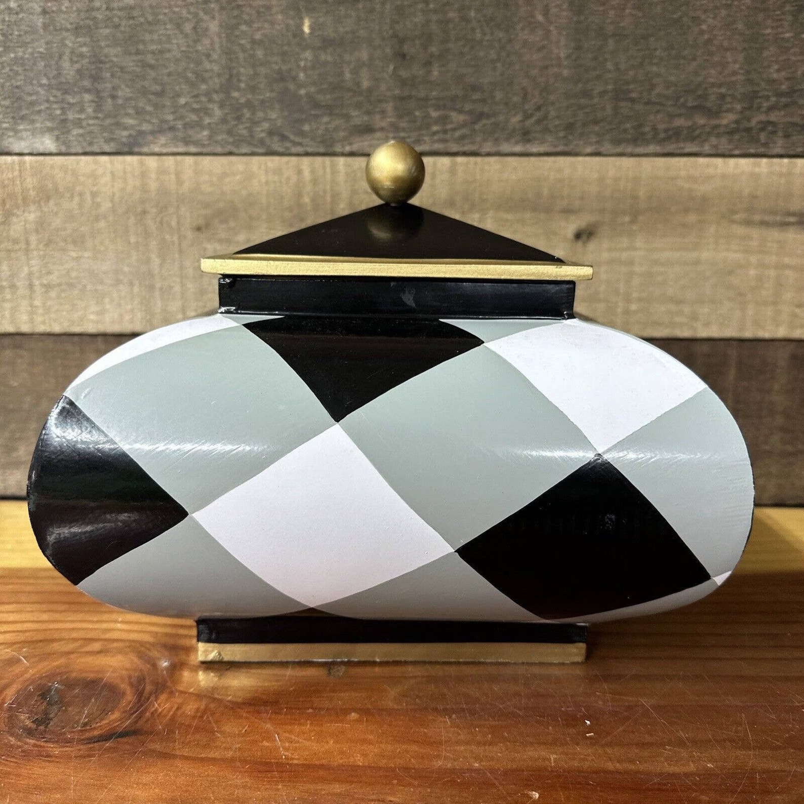 Black And White Buffalo Checked Canister Squashed Pot With Lid