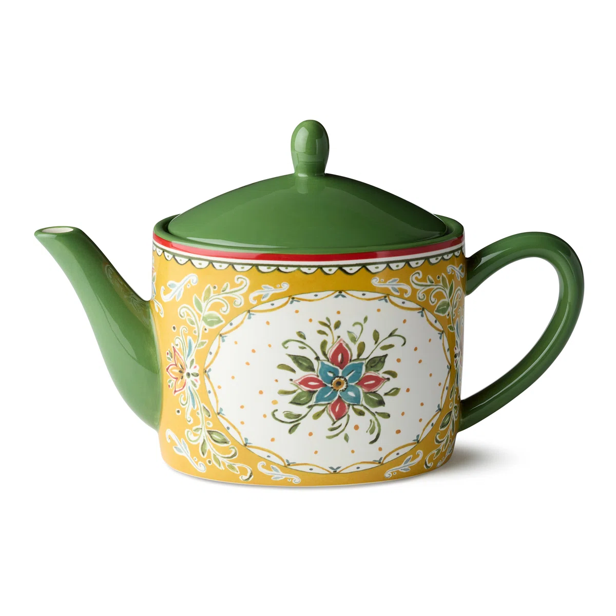 Provence 36 oz Ceramic Teapot – Vintage French Country Style with Green Lid – Folk-Inspired Floral Motif – Serveware for Tea, Cocoa & Entertaining – Giftable Table Décor