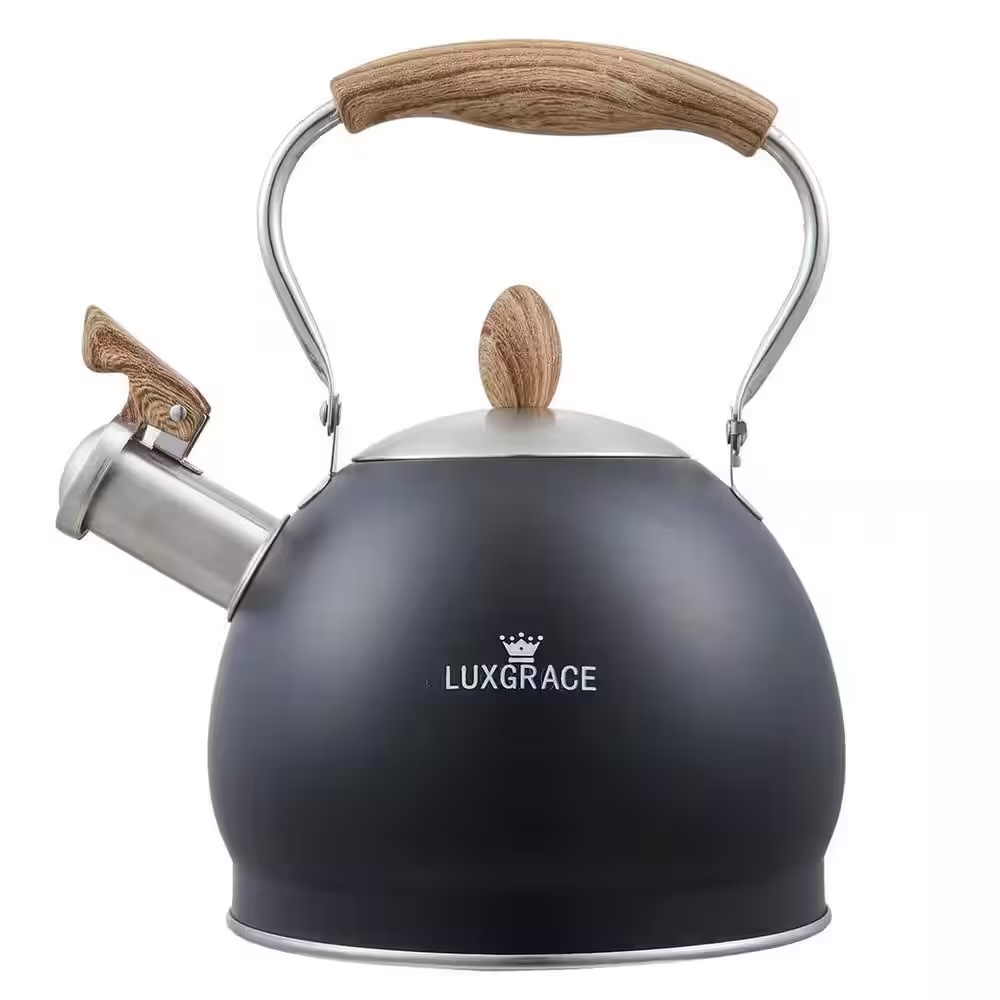 10 Cups Opaque Black Stainless Steel Whistling Tea Kettle Teapot with Aluminum Capsulated Bottom for Fast Boiling Water