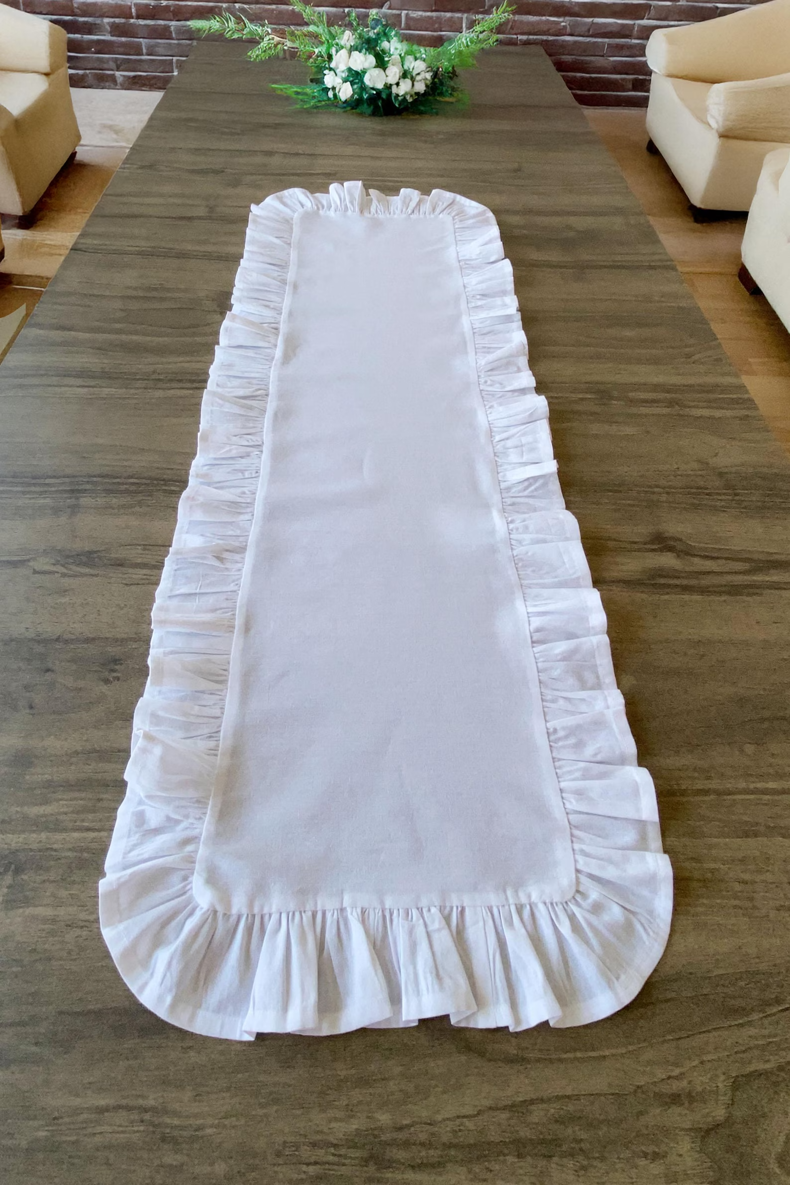 White Linen Ruffled Table Runner