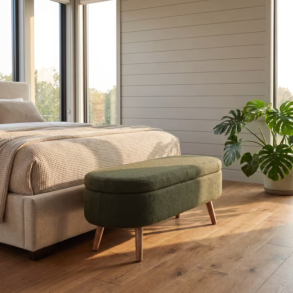 Oval Boucle Storage Ottoman Bench with Wood Legs