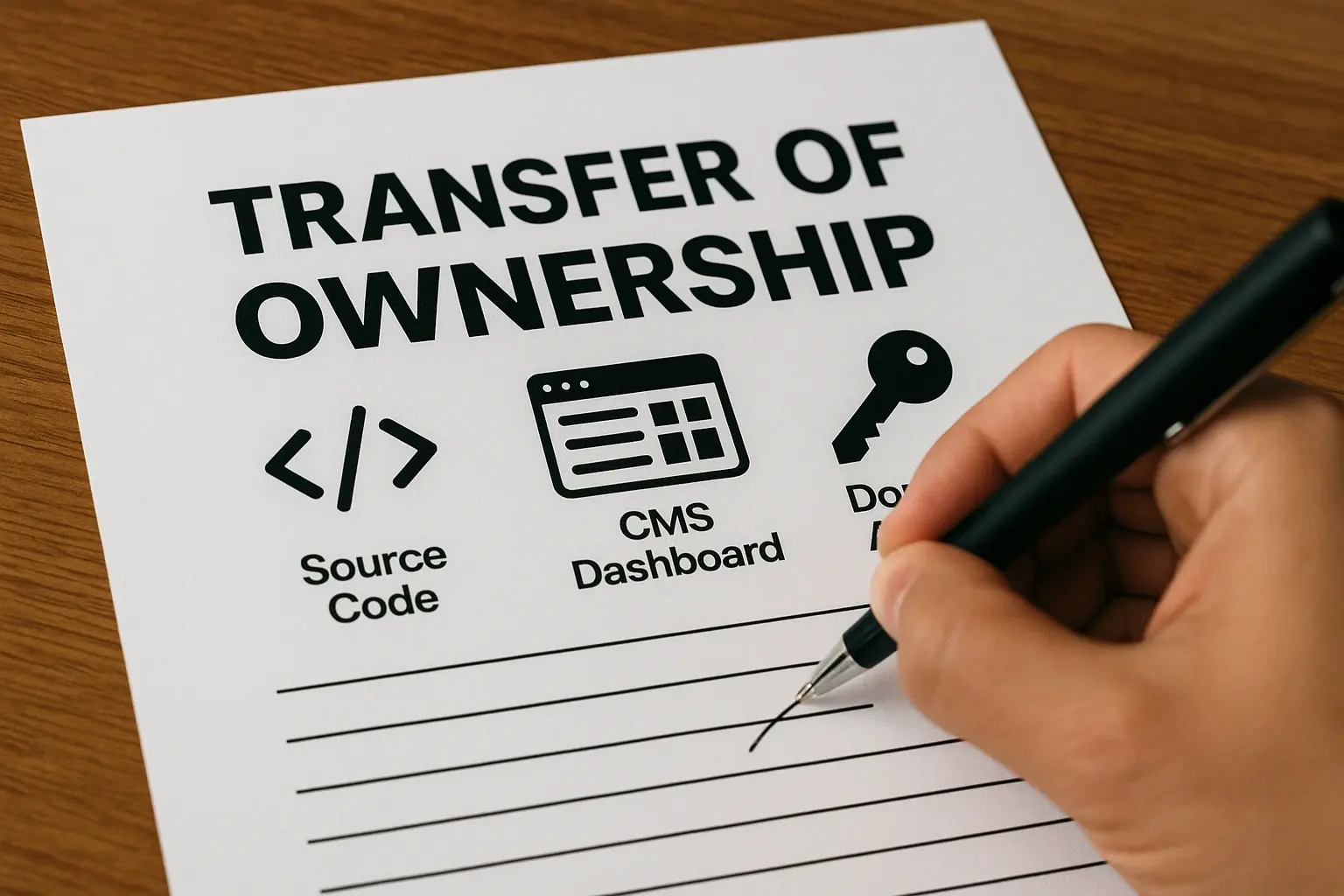 A contract being signed with bold text: 