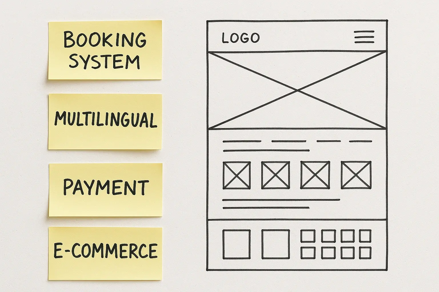 A wireframe sketch beside sticky notes labeled 
