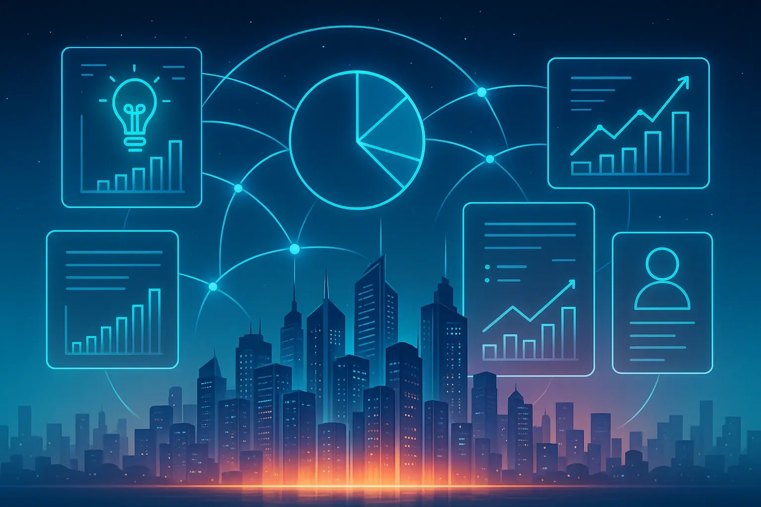 A futuristic smart city concept with interconnected digital  interfaces, representing the harmony of technology, creativity, and  business strategy in a glowing, elegant visual.