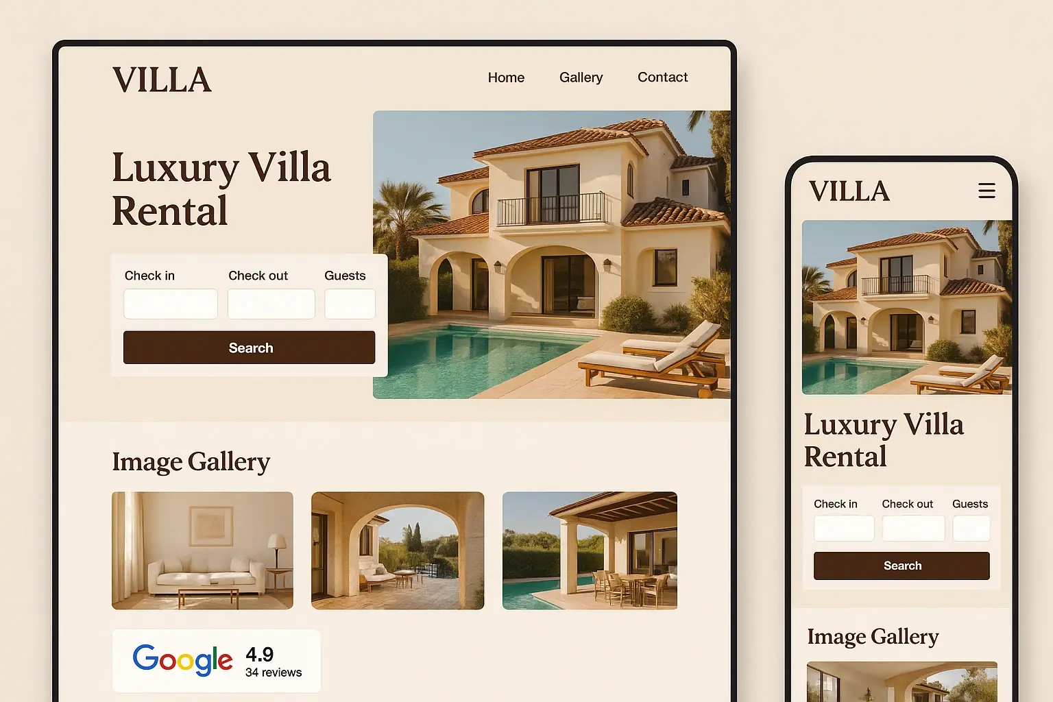 A villa website shown on desktop and mobile, highlighting its booking system, image gallery, and Google review integration — modern, clean design in warm tones.
