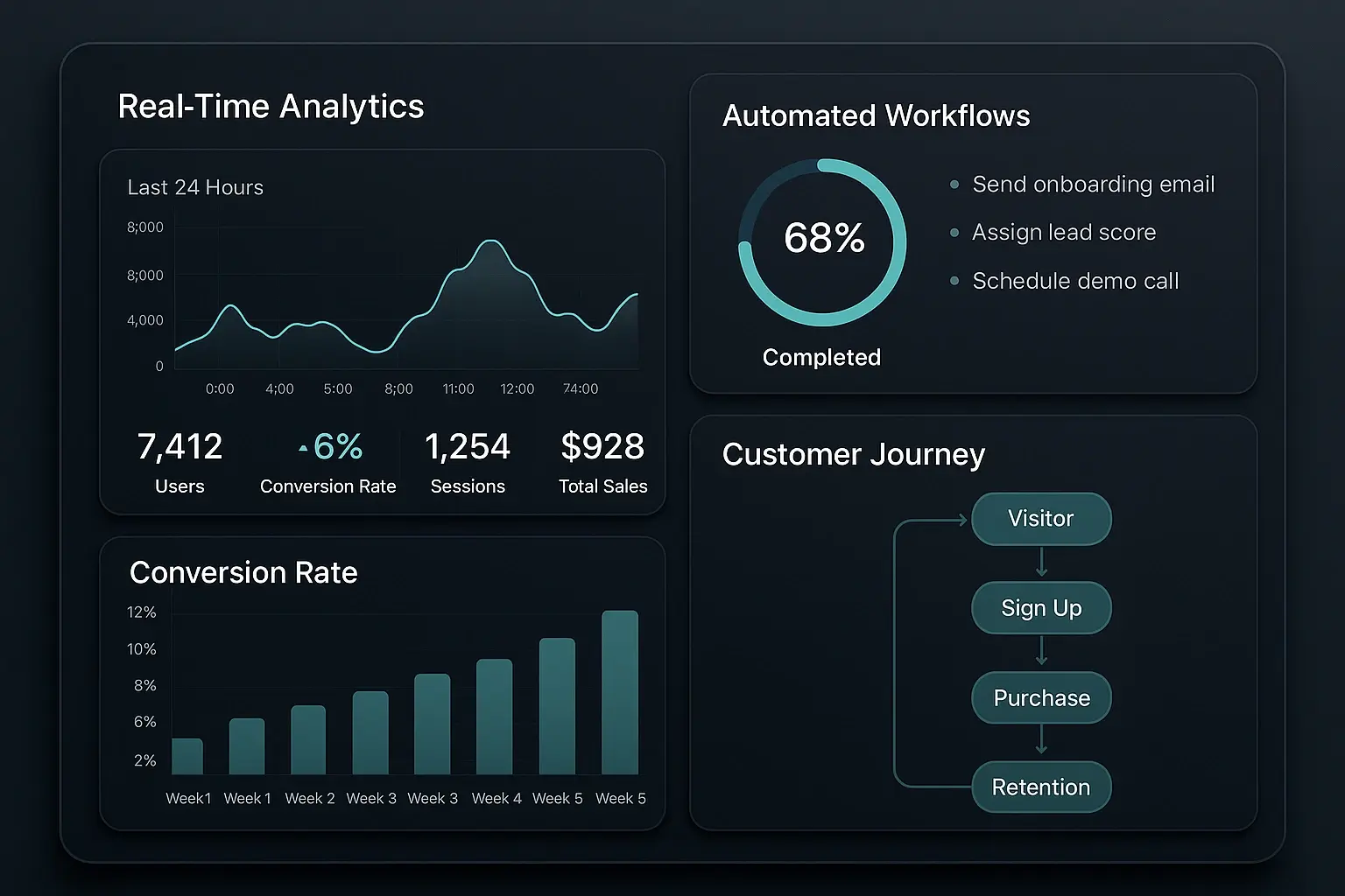An elegant dashboard interface showing real-time analytics,  automated workflows, and customer journey mapping — symbolizing  efficiency and smart decision-making.