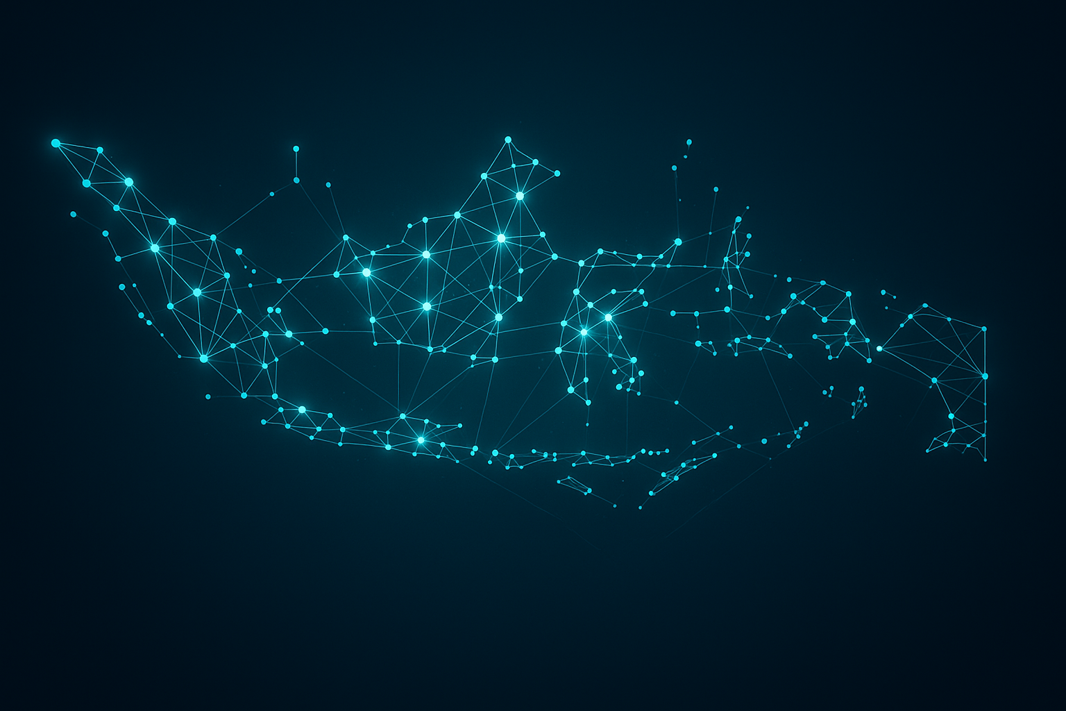 An abstract map of Indonesia formed by connected data lines and digital infrastructure nodes, highlighting digital inclusion and nationwide connectivity.