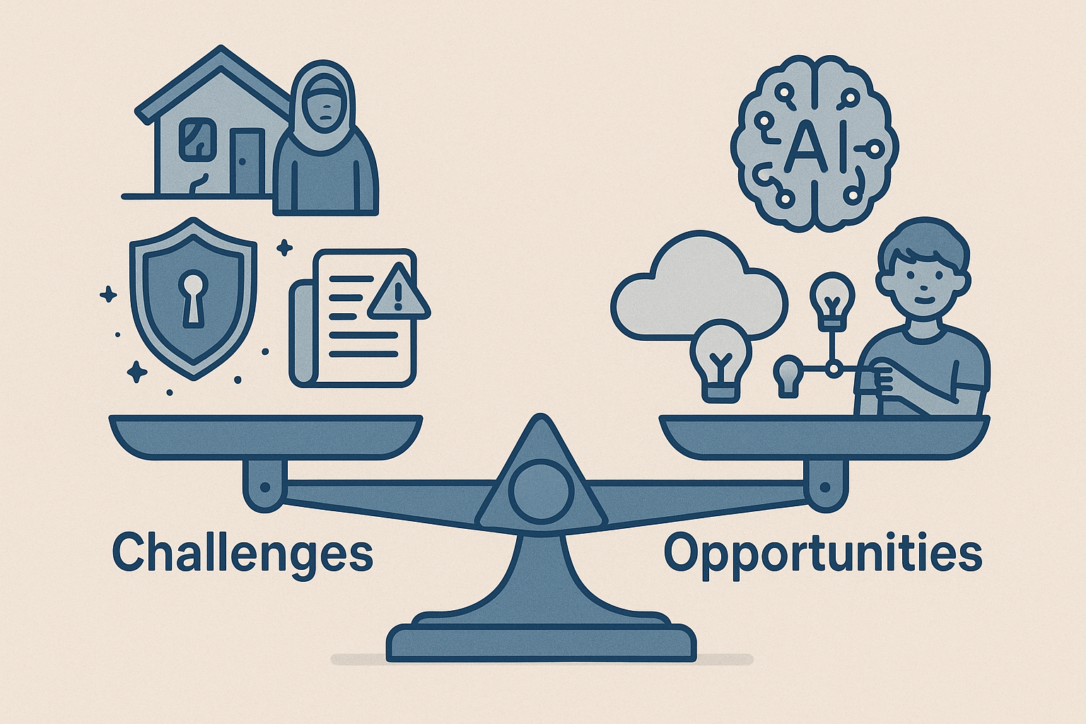 A balanced visualization of 'Challenges vs Opportunities' — showing underserved areas, cybersecurity threats, and policy gaps beside icons of AI, cloud, and youth innovation.
