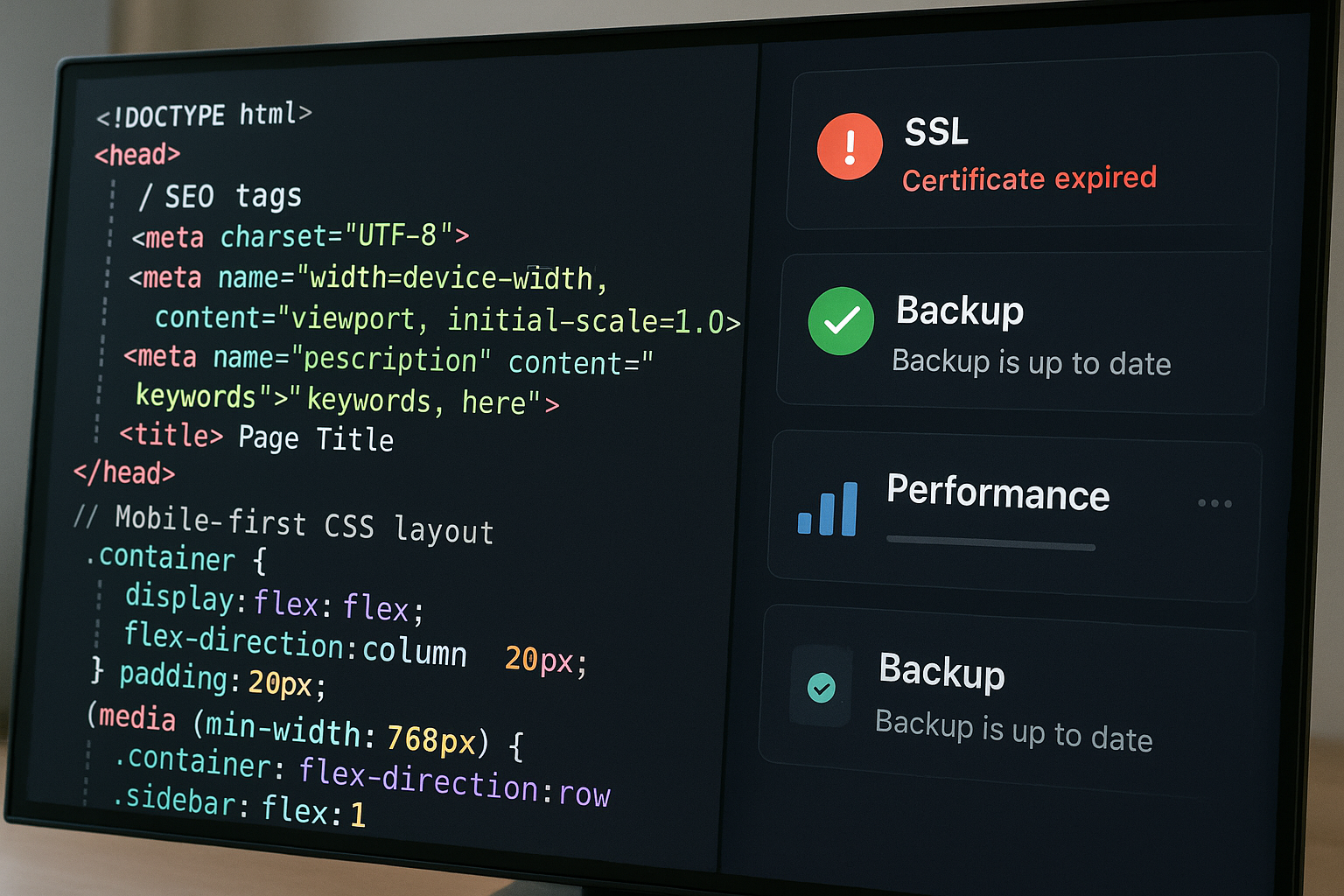 A developer's screen showing code for SEO meta tags, mobile-first CSS layout, and a dashboard with SSL and backup alerts — blending performance with protection.