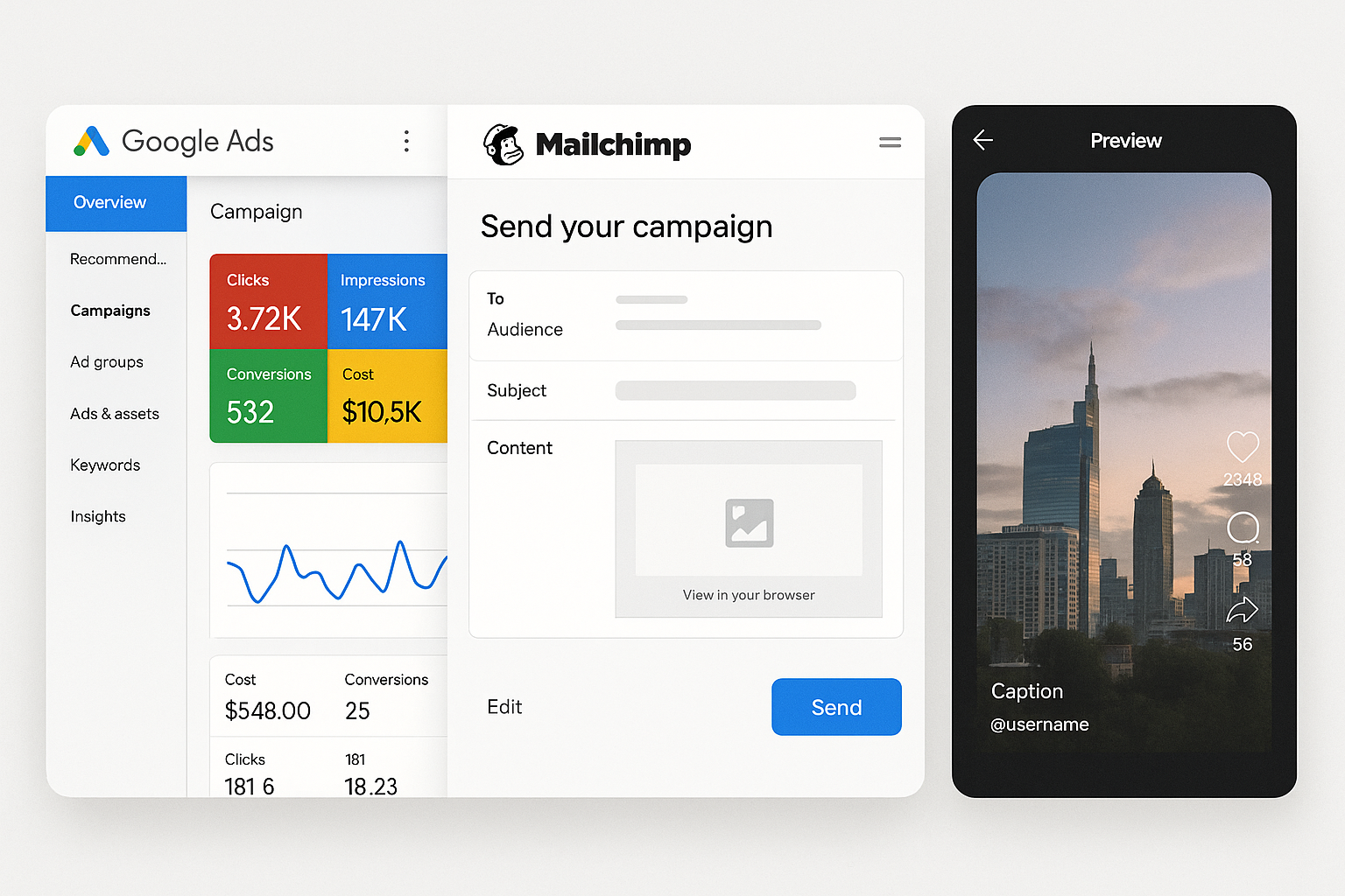 Split-screen of an OTA listing on the left and an engaging Instagram feed on the right, both showing the same property — creating a sense of brand consistency and reach.