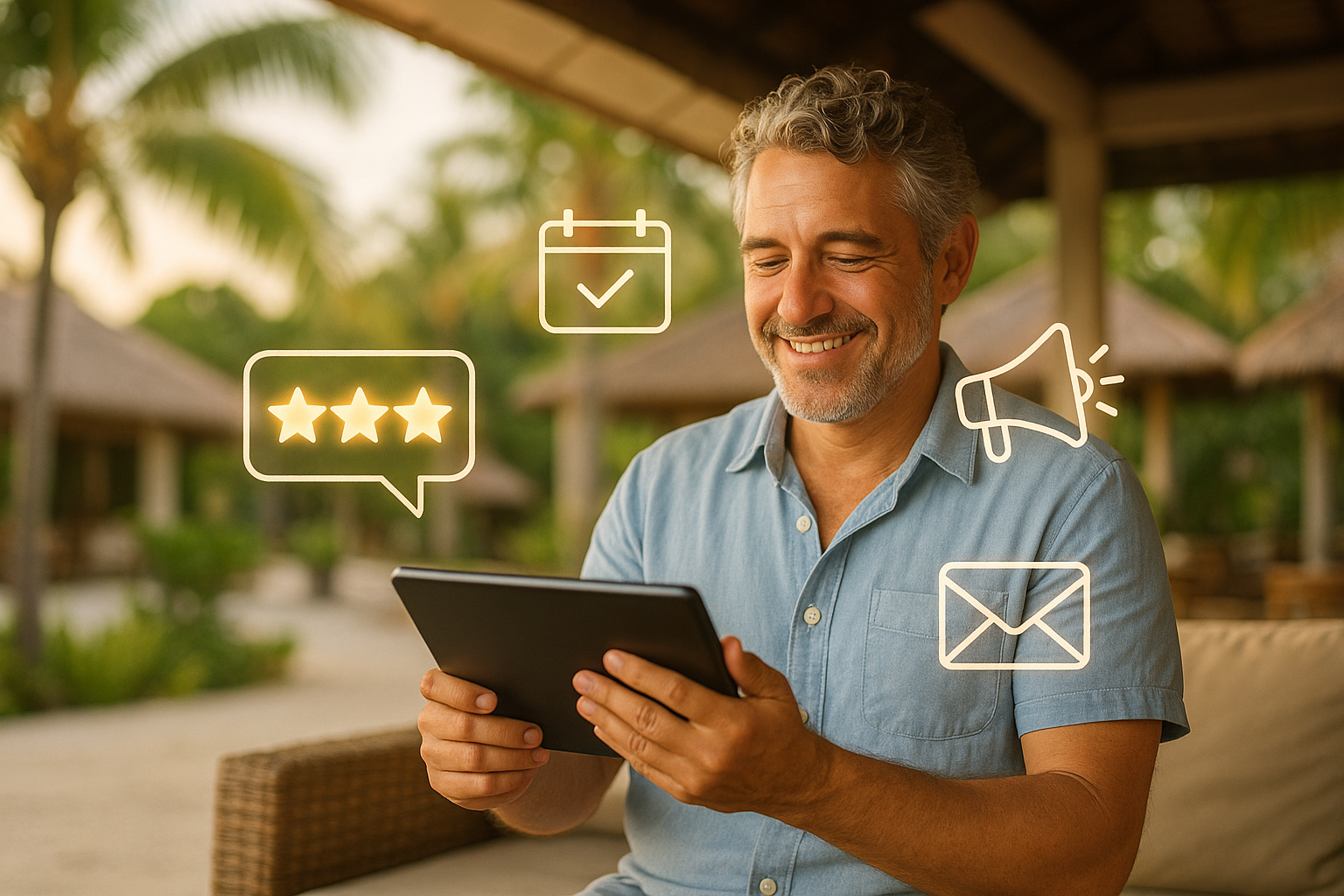 A relaxed resort owner smiling while checking guest inquiries on a tablet, surrounded by glowing reviews, calendar bookings, and digital marketing icons floating around — symbolizing ease and success.