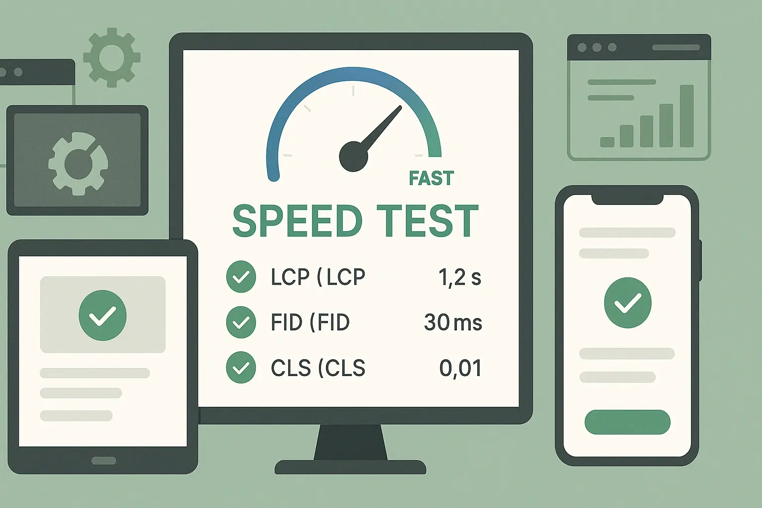 A speed test report showing fast loading metrics, green Core Web Vitals, and mobile responsiveness on various devices — with optimization tools in the background.